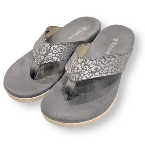Spenco Orthotic Thong Sandals in Grey Shimmer Cheetah Print 9.5 - Picture 1 of 15
